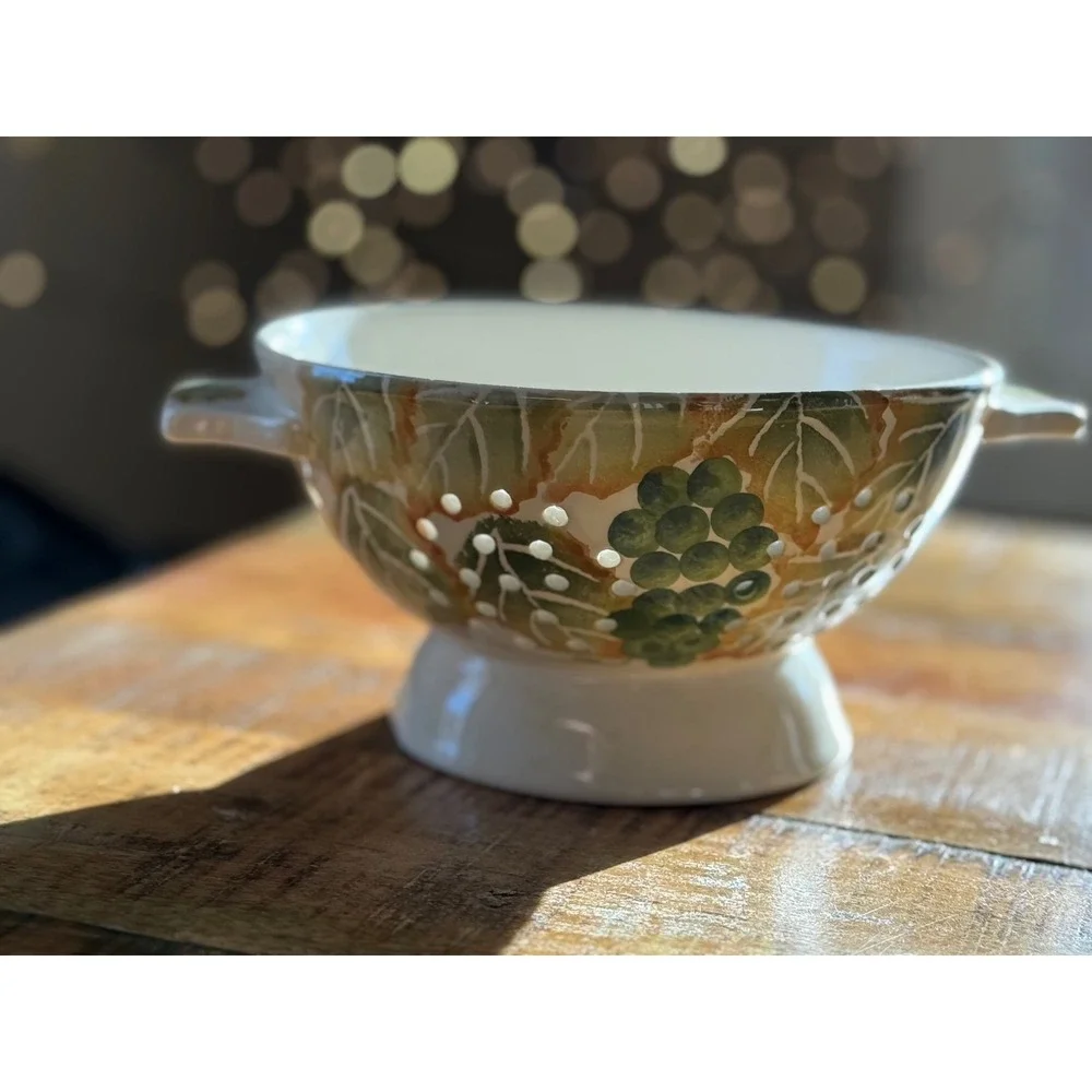 ND Hand Painted Ceramic Berry Colander Cream Green Grapes Footed Strainer